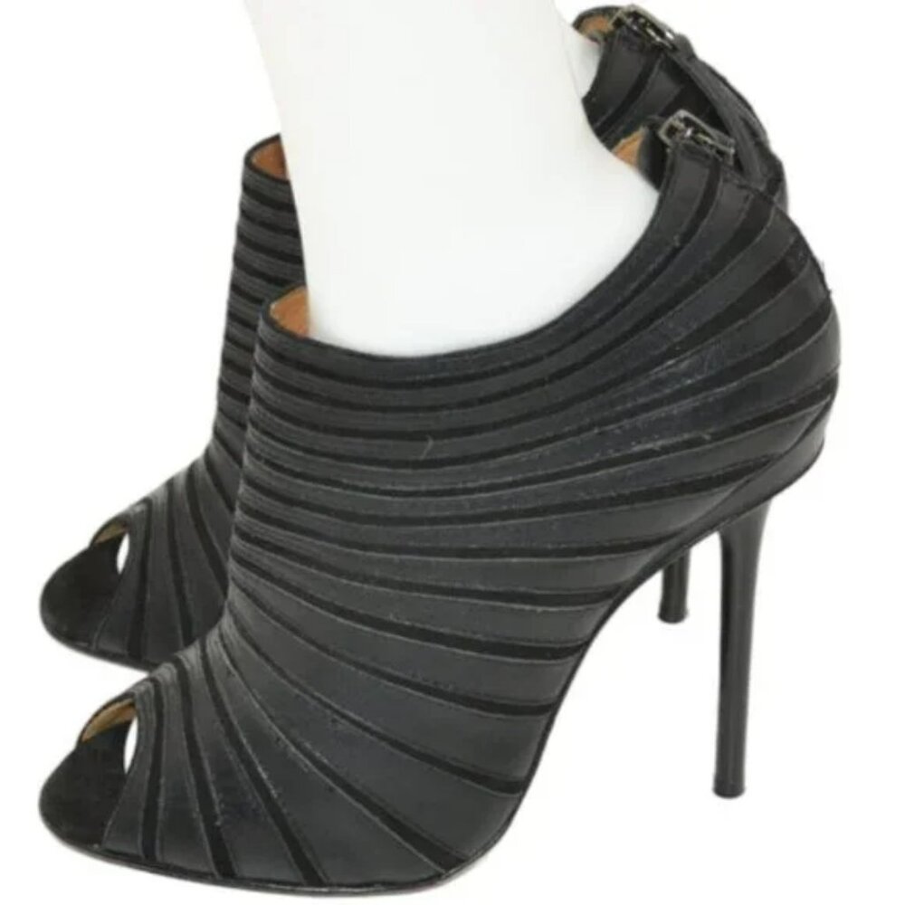 L.A.M.B. Stefani Y2K Black Leather Stiletto Peep Open Toe Booties Boots Heel 8.5 - Picture 4 of 11